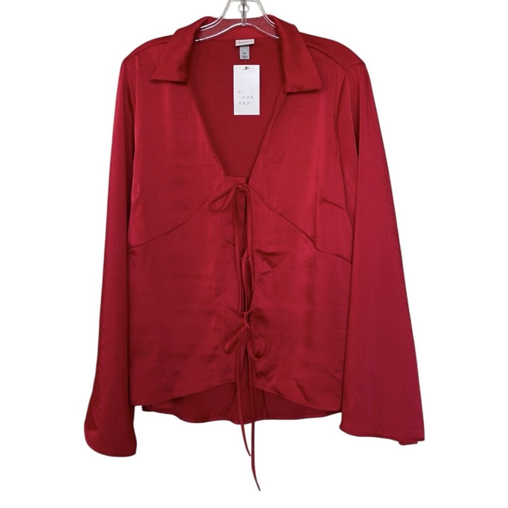 A New Day Pajama Top Womrns Size XL Red Satin Valentines Day Long‎ Sleeve V Neck